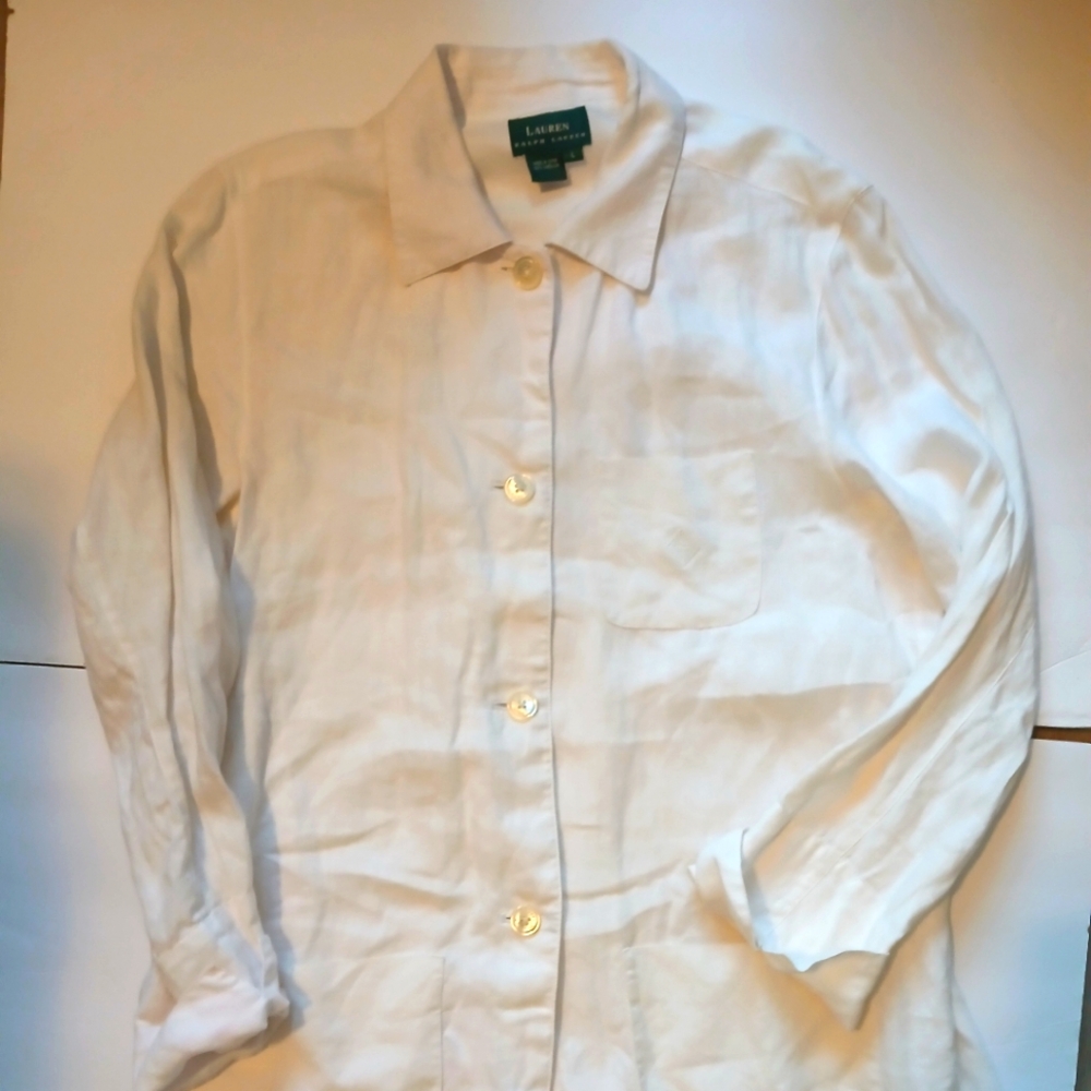 Women's RALPH LAUREN linen embroidered breast pocket Blazer |Size L | white